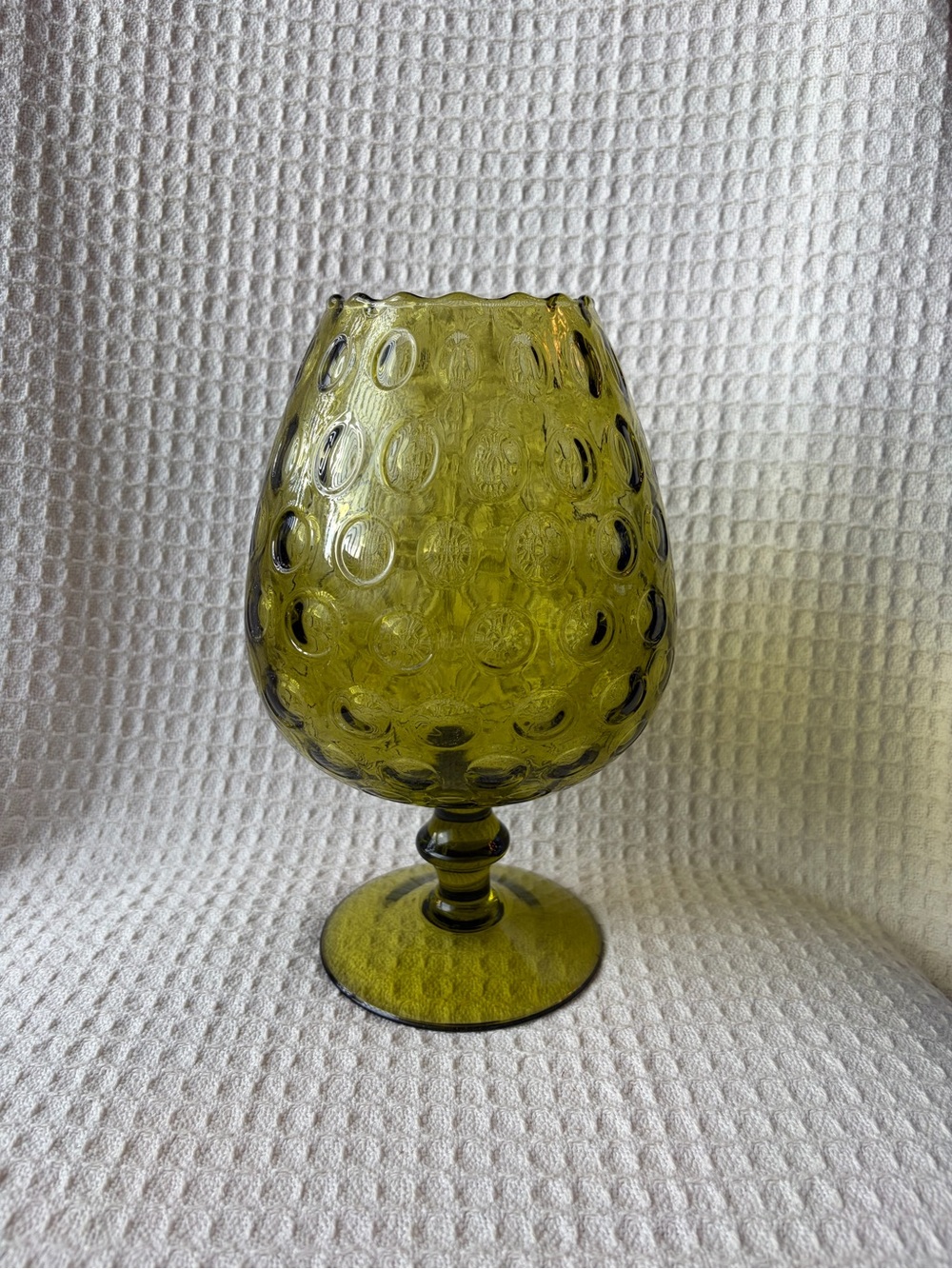 Vintage Italian Olive Green Empoli Diamond Optic Glass Brandy Snifter/Vase 10.5”